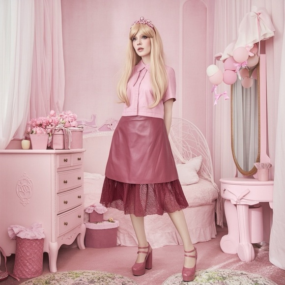 Vintage Metro Style Genuine Leather Pink Mesh Midi Skirt Size 6 Sissy CD Drag - Picture 2 of 7